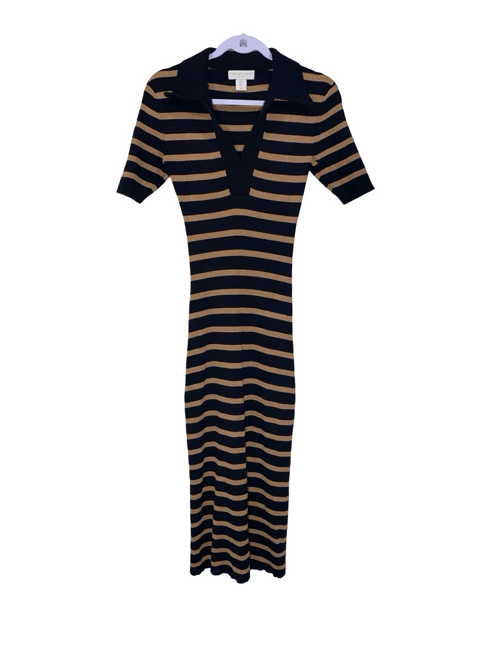 Caroline Constas Striped Ribbed Knit Polo Midi Dress Tan Black size XS - Picture 2 of 6